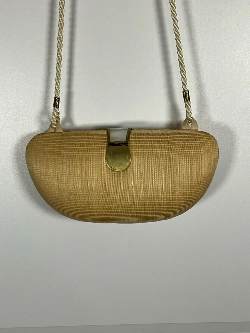 Vintage Gabriella Beige Woven Clutch or Shoulder Bag with Mother-of-Pearl Clasp